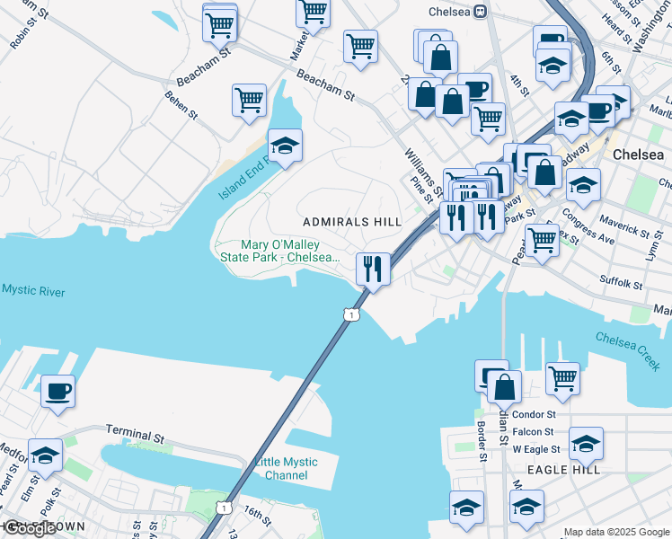map of restaurants, bars, coffee shops, grocery stores, and more near 410 Commandants Way in Chelsea