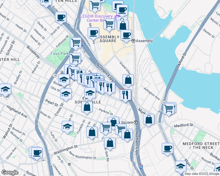 map of restaurants, bars, coffee shops, grocery stores, and more near 59 Broadway in Somerville