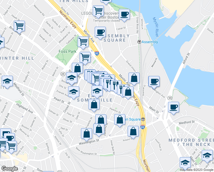 map of restaurants, bars, coffee shops, grocery stores, and more near 80 Broadway in Somerville