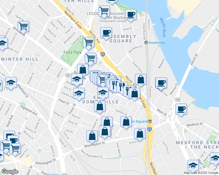 map of restaurants, bars, coffee shops, grocery stores, and more near 80 Broadway in Somerville