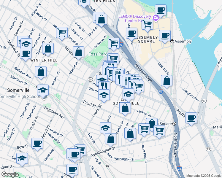map of restaurants, bars, coffee shops, grocery stores, and more near 7 Ellsworth Street in Somerville