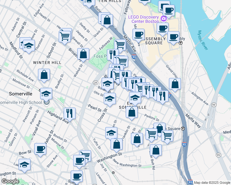 map of restaurants, bars, coffee shops, grocery stores, and more near 7 Ellsworth Street in Somerville