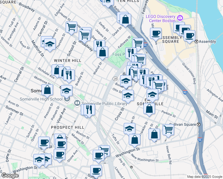 map of restaurants, bars, coffee shops, grocery stores, and more near 34 Everett Avenue in Somerville