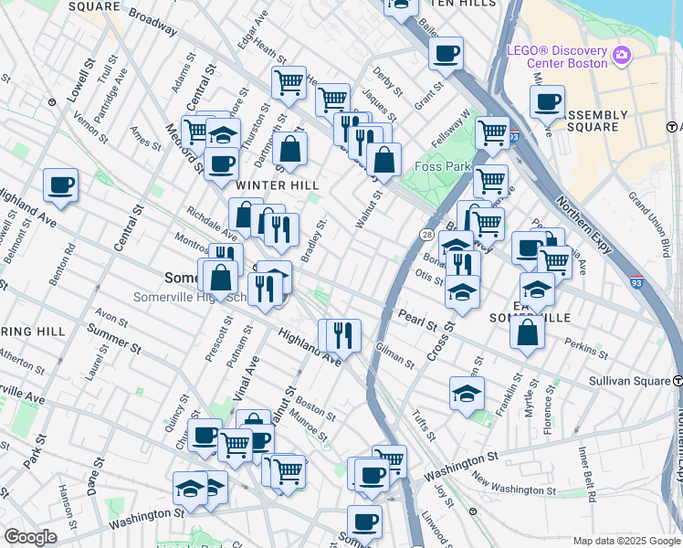 map of restaurants, bars, coffee shops, grocery stores, and more near 202 Pearl Street in Somerville