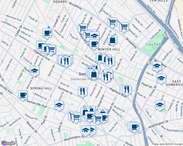 map of restaurants, bars, coffee shops, grocery stores, and more near 93 Highland Avenue in Somerville