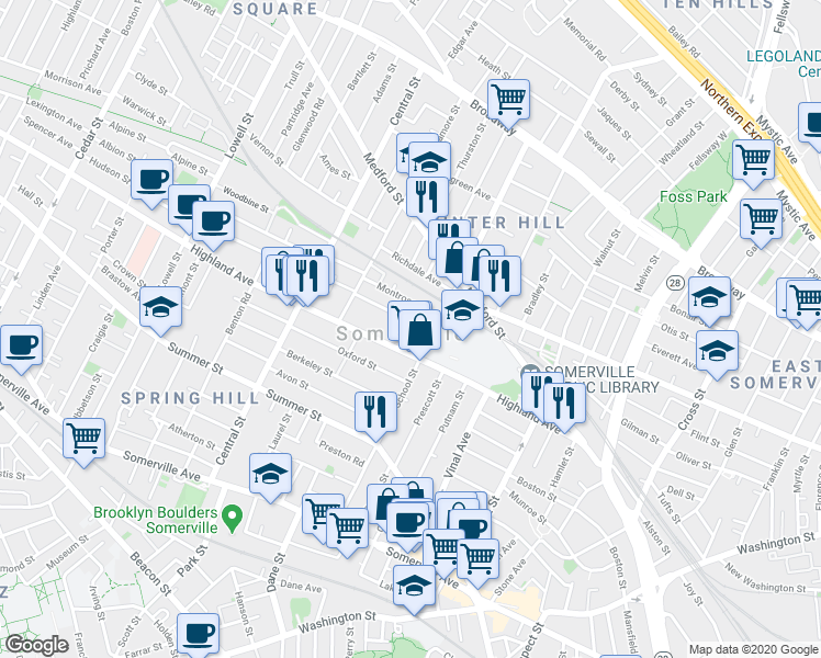 map of restaurants, bars, coffee shops, grocery stores, and more near 93 Highland Avenue in Somerville