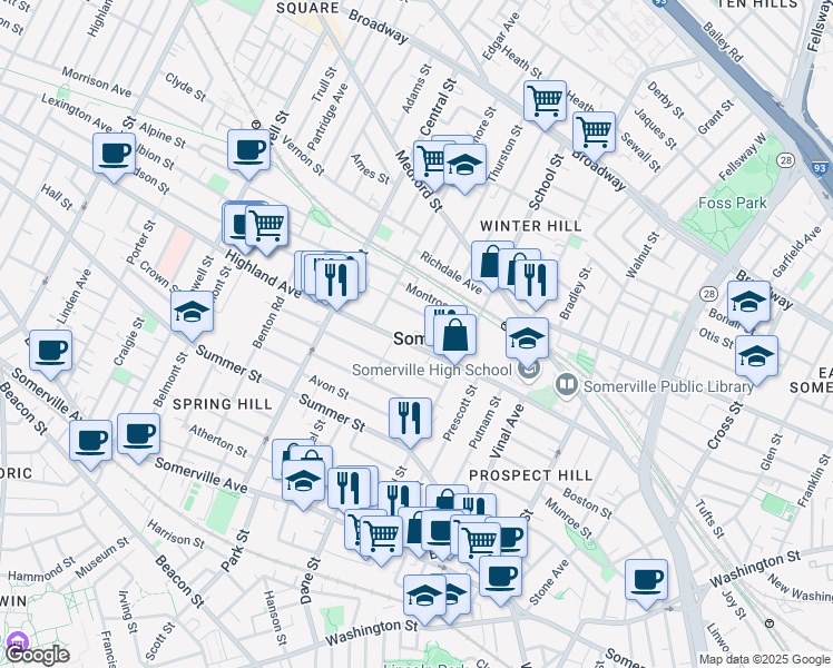 map of restaurants, bars, coffee shops, grocery stores, and more near in Somerville