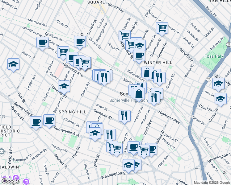map of restaurants, bars, coffee shops, grocery stores, and more near in Somerville