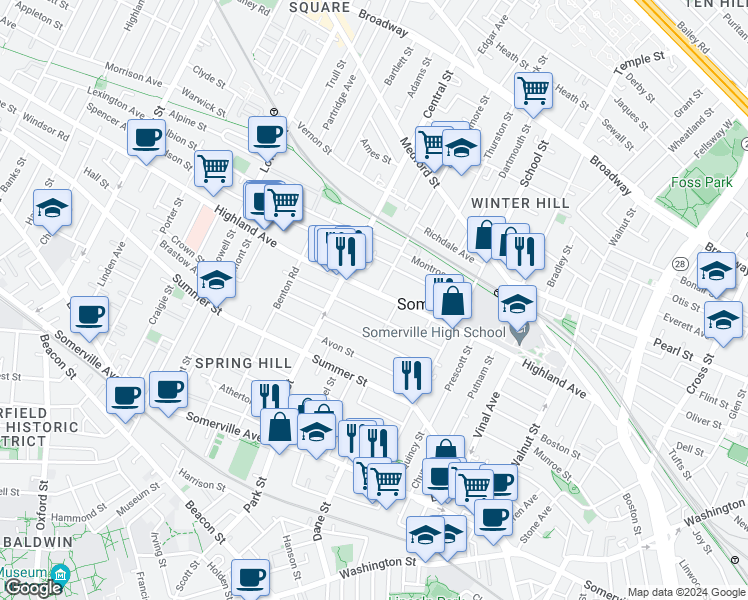 map of restaurants, bars, coffee shops, grocery stores, and more near in Somerville