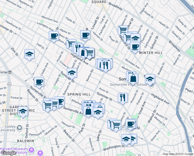 map of restaurants, bars, coffee shops, grocery stores, and more near in Somerville