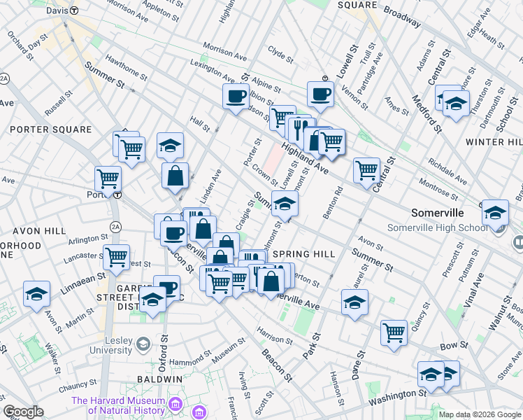 map of restaurants, bars, coffee shops, grocery stores, and more near 74 Lowell Street in Somerville
