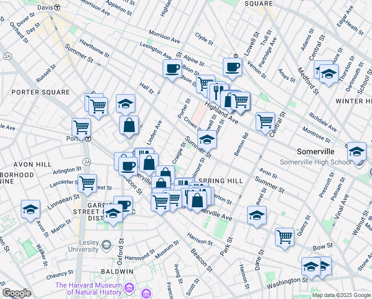 map of restaurants, bars, coffee shops, grocery stores, and more near 74 Lowell Street in Somerville