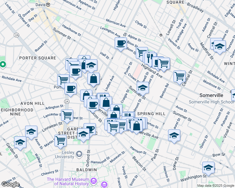 map of restaurants, bars, coffee shops, grocery stores, and more near 42 Craigie Street in Somerville