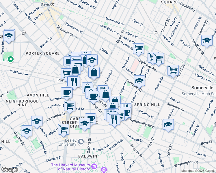 map of restaurants, bars, coffee shops, grocery stores, and more near 16 Porter Street in Somerville