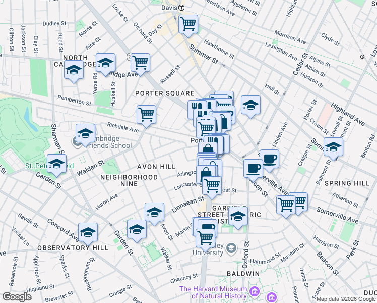 map of restaurants, bars, coffee shops, grocery stores, and more near 42 Mount Vernon Street in Cambridge