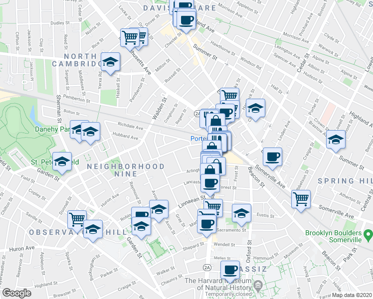 map of restaurants, bars, coffee shops, grocery stores, and more near 42 Mount Vernon Street in Cambridge