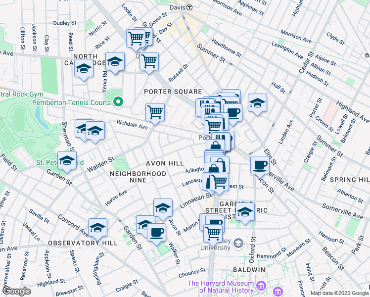 map of restaurants, bars, coffee shops, grocery stores, and more near 7 Walnut Avenue in Cambridge