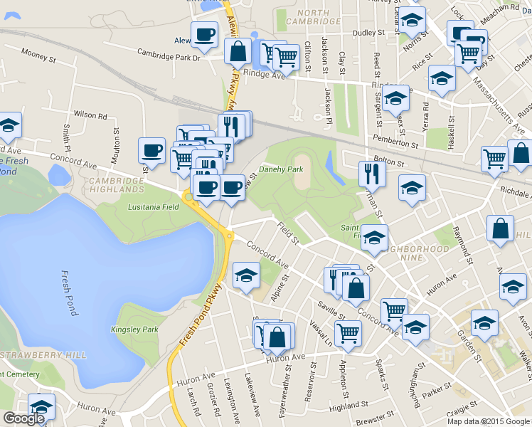 map of restaurants, bars, coffee shops, grocery stores, and more near 38 Birch Street in Cambridge