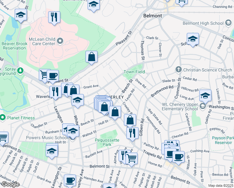 map of restaurants, bars, coffee shops, grocery stores, and more near in Belmont