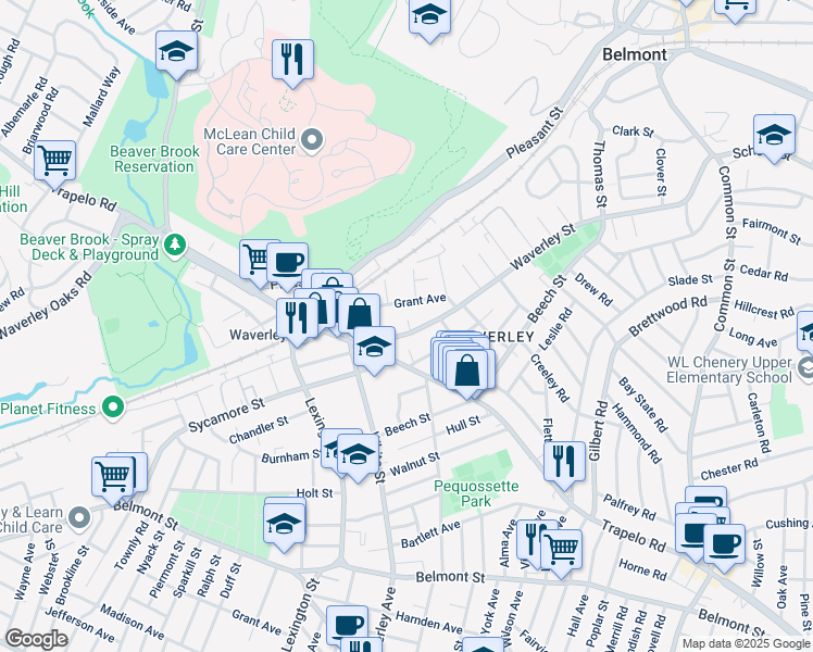 map of restaurants, bars, coffee shops, grocery stores, and more near 439 Trapelo Road in Belmont
