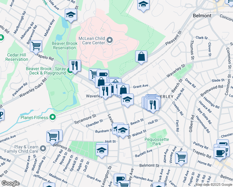 map of restaurants, bars, coffee shops, grocery stores, and more near 14 Thayer Street in Belmont