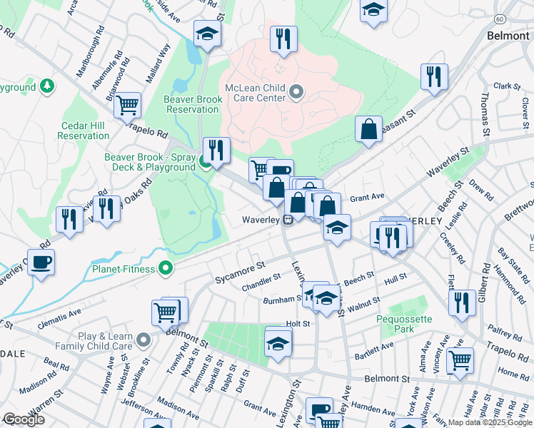 map of restaurants, bars, coffee shops, grocery stores, and more near 29 Lexington Street in Belmont