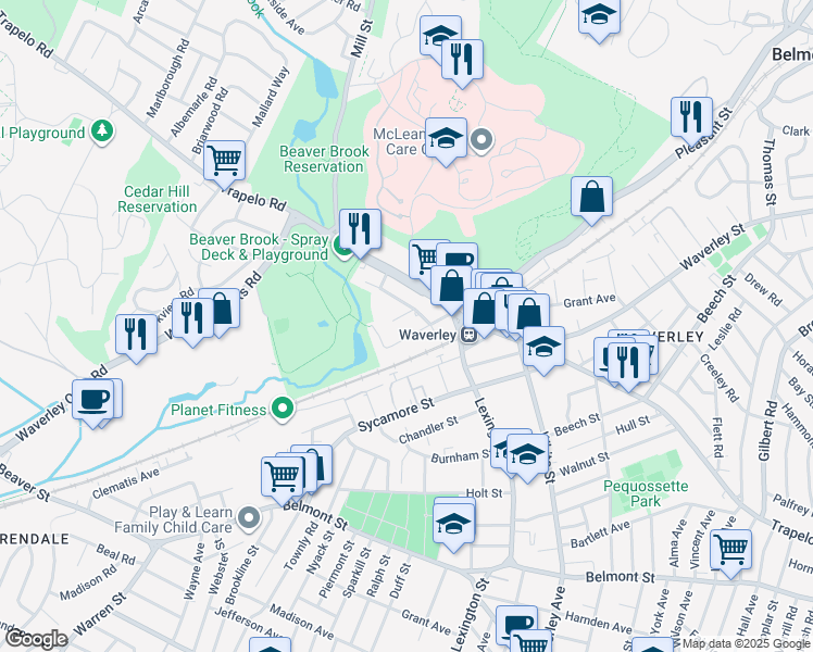 map of restaurants, bars, coffee shops, grocery stores, and more near 40 Moraine Street in Belmont