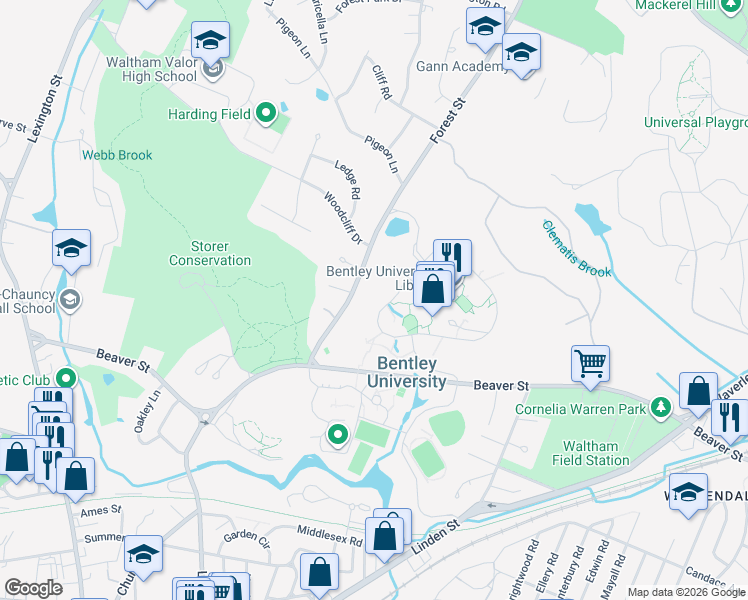 map of restaurants, bars, coffee shops, grocery stores, and more near 175 Forest Street in Waltham