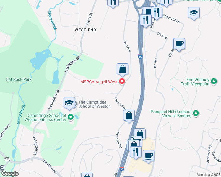 map of restaurants, bars, coffee shops, grocery stores, and more near 322-360 2nd Ave in Waltham