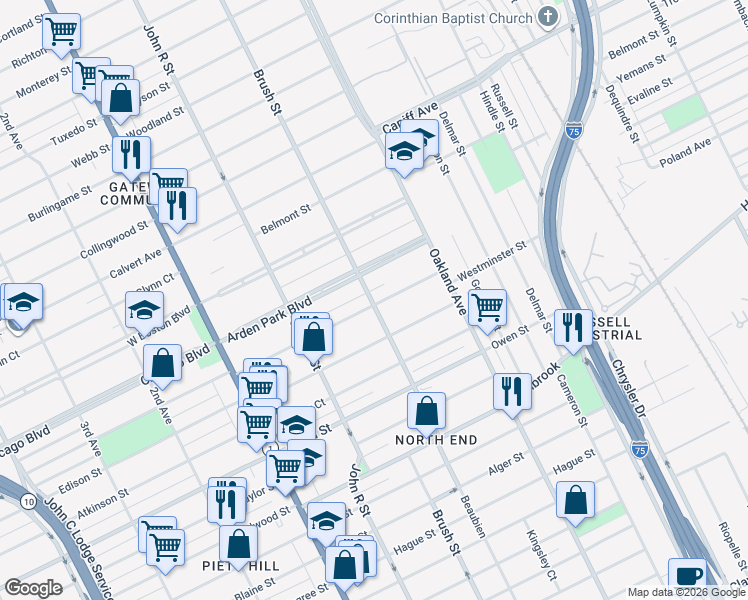 map of restaurants, bars, coffee shops, grocery stores, and more near 9429 Brush Street in Detroit
