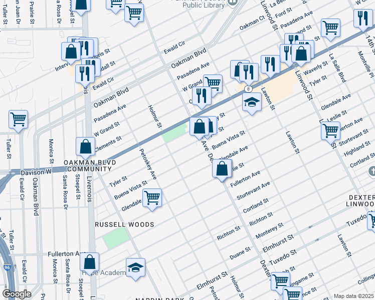 map of restaurants, bars, coffee shops, grocery stores, and more near 3814 Buena Vista Street in Detroit