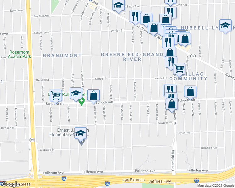 map of restaurants, bars, coffee shops, grocery stores, and more near 13900 Mettetal Street in Detroit