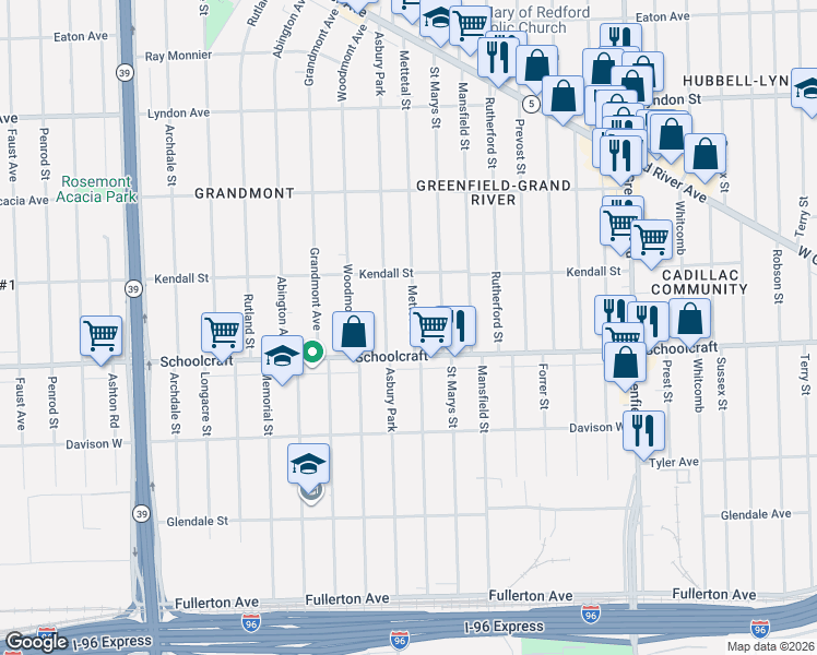 map of restaurants, bars, coffee shops, grocery stores, and more near 13900 Mettetal Street in Detroit
