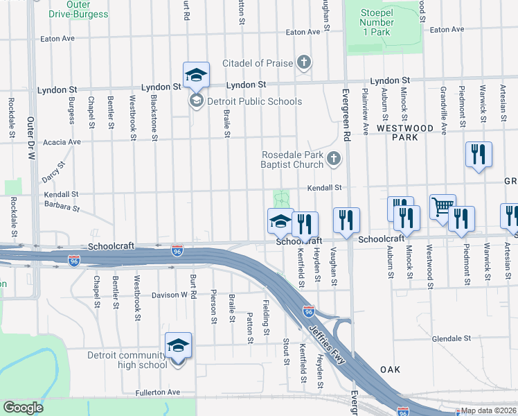 map of restaurants, bars, coffee shops, grocery stores, and more near 13955 Fielding Street in Detroit