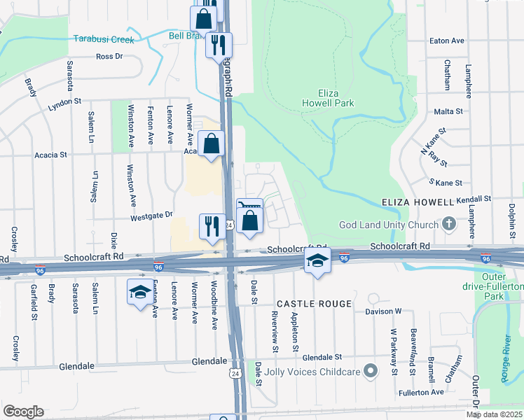 map of restaurants, bars, coffee shops, grocery stores, and more near 23814 Schoolcraft Road in Detroit