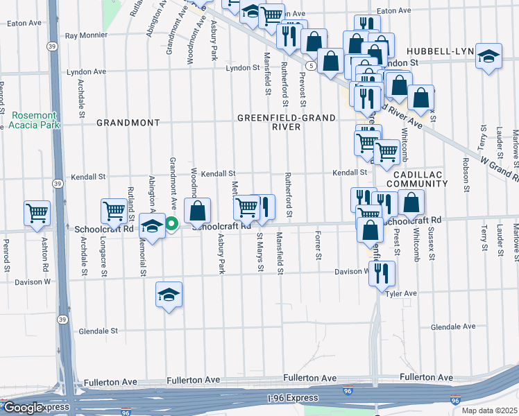 map of restaurants, bars, coffee shops, grocery stores, and more near 13950 Saint Marys Street in Detroit