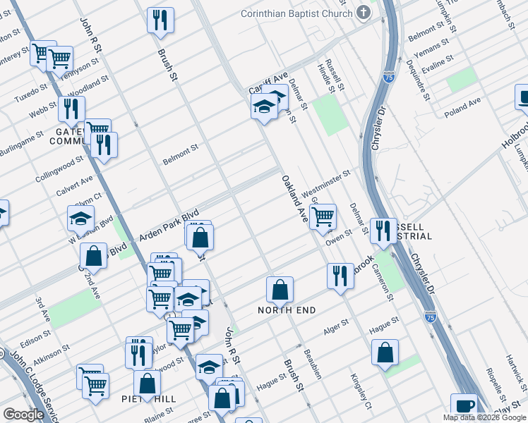 map of restaurants, bars, coffee shops, grocery stores, and more near 562 Westminster Street in Detroit