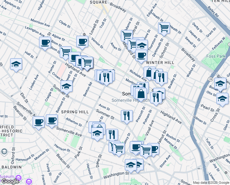 map of restaurants, bars, coffee shops, grocery stores, and more near 136 Highland Avenue in Somerville