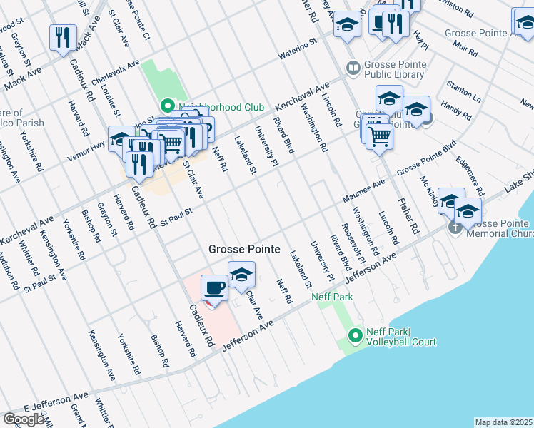 map of restaurants, bars, coffee shops, grocery stores, and more near 450 Neff Road in Grosse Pointe