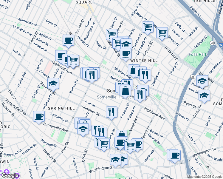 map of restaurants, bars, coffee shops, grocery stores, and more near 123 Highland Avenue in Somerville