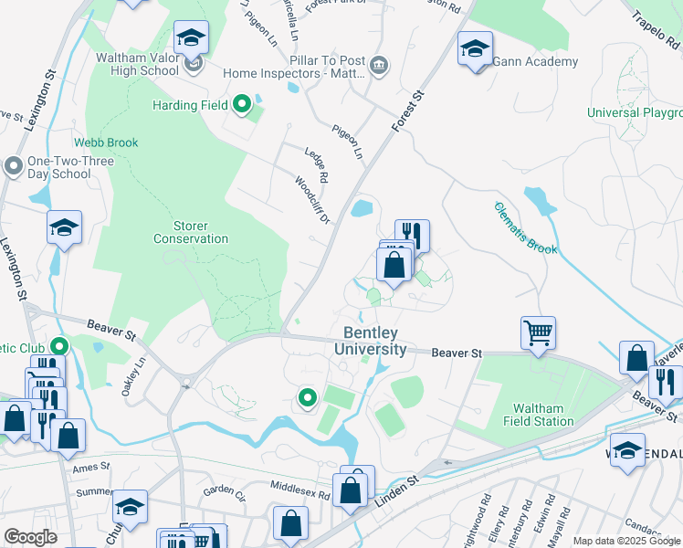 map of restaurants, bars, coffee shops, grocery stores, and more near 175 Forest Street in Waltham