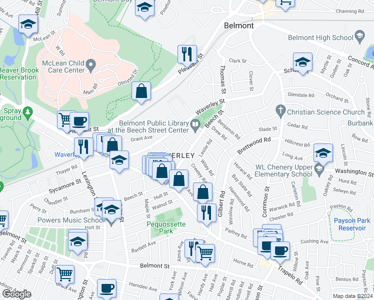 map of restaurants, bars, coffee shops, grocery stores, and more near 202 Beech Street in Belmont