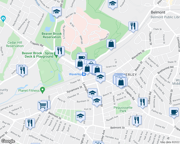 map of restaurants, bars, coffee shops, grocery stores, and more near 14 Thayer Street in Belmont