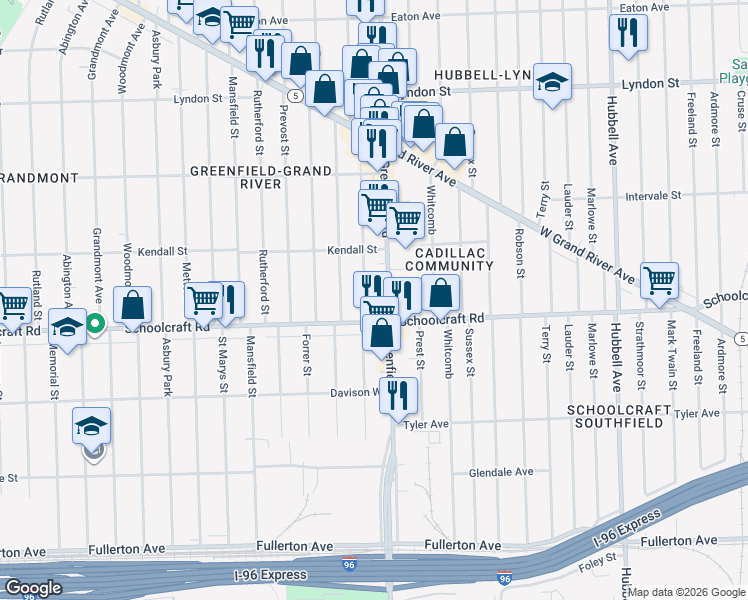 map of restaurants, bars, coffee shops, grocery stores, and more near 15599 Schoolcraft Avenue in Detroit