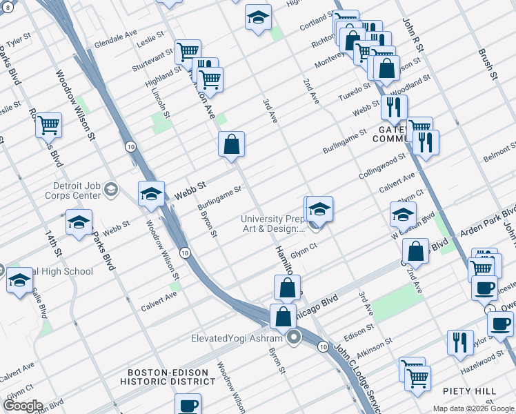 map of restaurants, bars, coffee shops, grocery stores, and more near Lawrence Street in Detroit