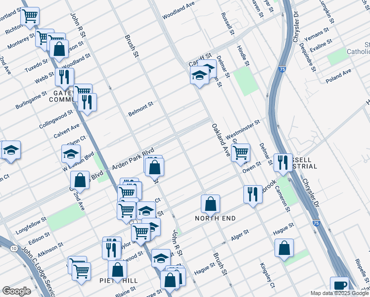 map of restaurants, bars, coffee shops, grocery stores, and more near 9429 Brush Street in Detroit