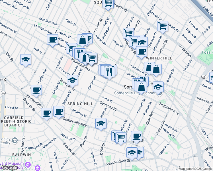 map of restaurants, bars, coffee shops, grocery stores, and more near 149a Highland Avenue in Somerville