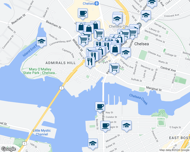 map of restaurants, bars, coffee shops, grocery stores, and more near 26 Pembroke Street in Chelsea