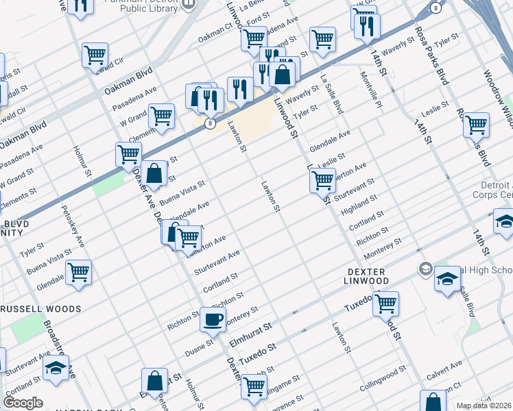 map of restaurants, bars, coffee shops, grocery stores, and more near 2900 Leslie Street in Detroit