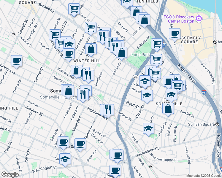map of restaurants, bars, coffee shops, grocery stores, and more near 132 Walnut Street in Somerville